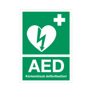 AED-kyltti – kiinteistössä defibrillaattori – tarra A4